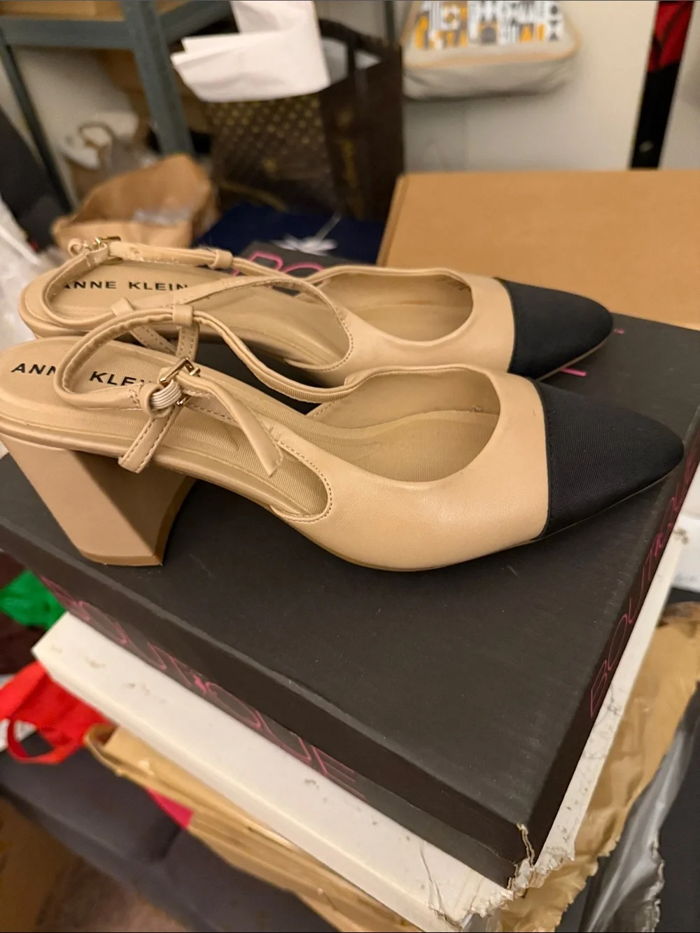 Anne Klein Tan and Black Pointed Toe Slingback Heels